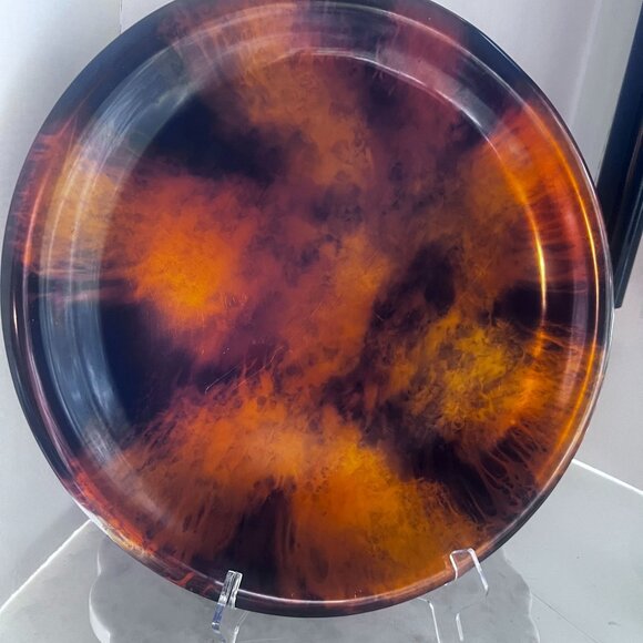 Vtg Marbled Serving Tray Amber & Black Swirl TurtoiseShell Design 17" Diameter - Picture 4 of 5